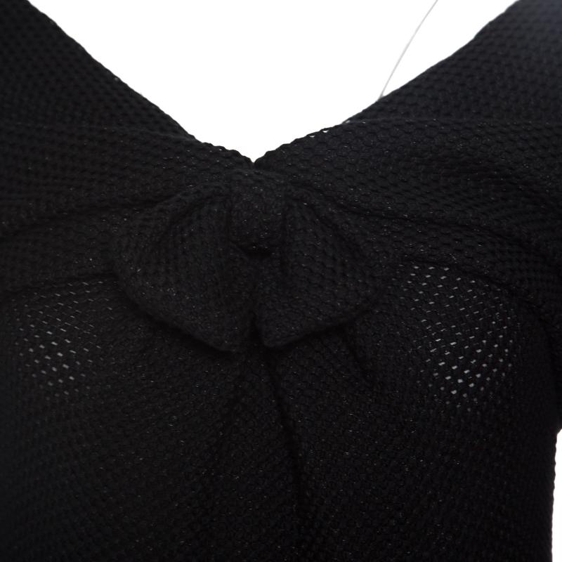 Women's Chanel Black Textured Glitter Effect Cotton Bow Detail Long Sleeve Dress S