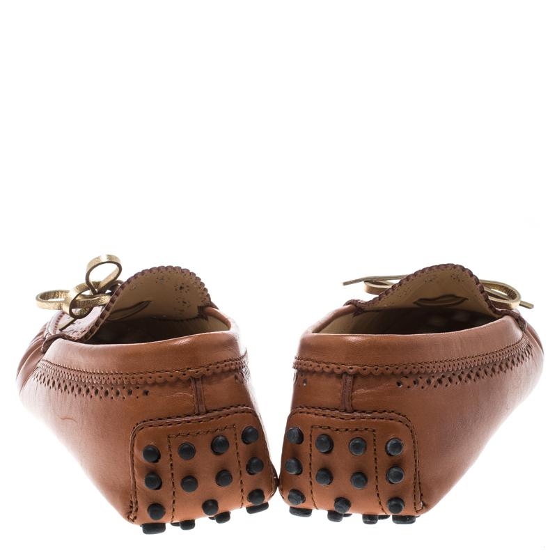 Tod's Brown Perforated Leather Bow Loafers Size 36.5 1