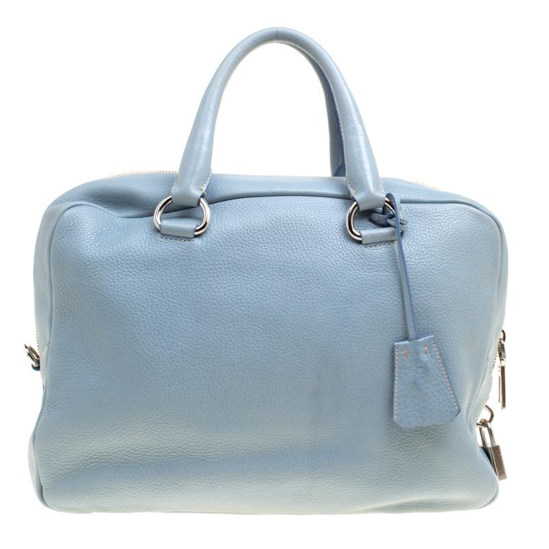 Prada Dusty Blue Vitello Diano Leather Bowler Bag