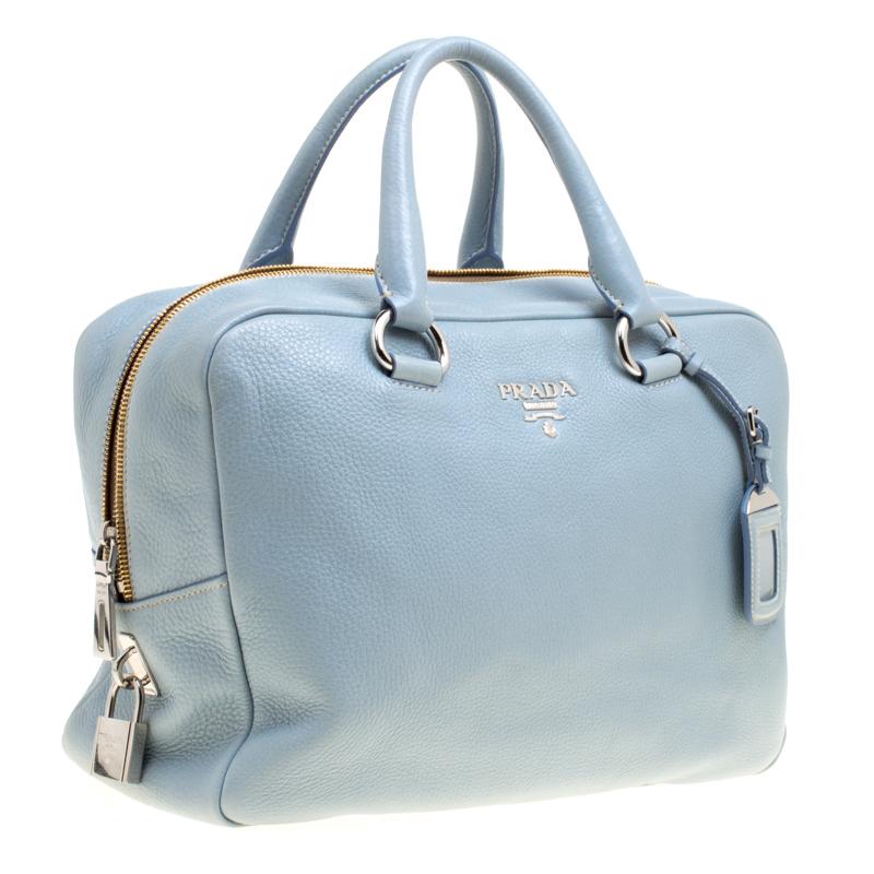 Prada Dusty Blue Vitello Diano Leather Bowler Bag In New Condition In Dubai, Al Qouz 2