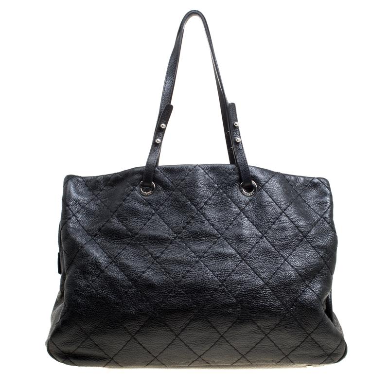 Chanel Black Quilted Glazed Leather Large On the Road Tote