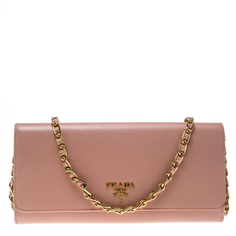 Prada Pink Saffiano Metal Leather Wallet on Chain