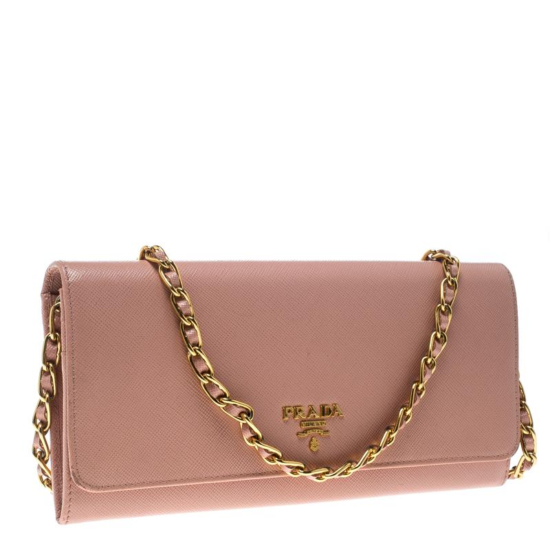 Prada Pink Saffiano Metal Leather Wallet on Chain 5