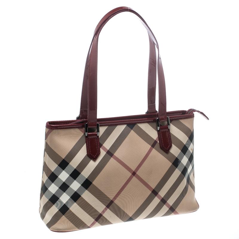 Burberry Beige/Red Supernova PVC and Patent Leather Small Nickie Tote 3
