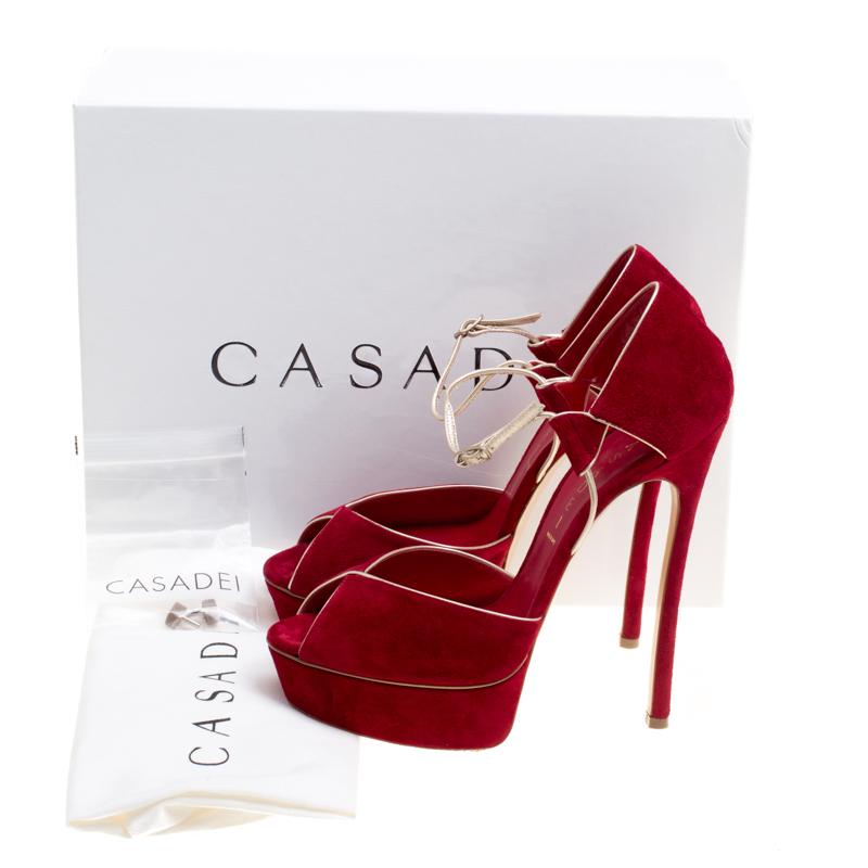 Casadei Red Suede Peep Toe Ankle Strap Platform Sandals Size 39 2
