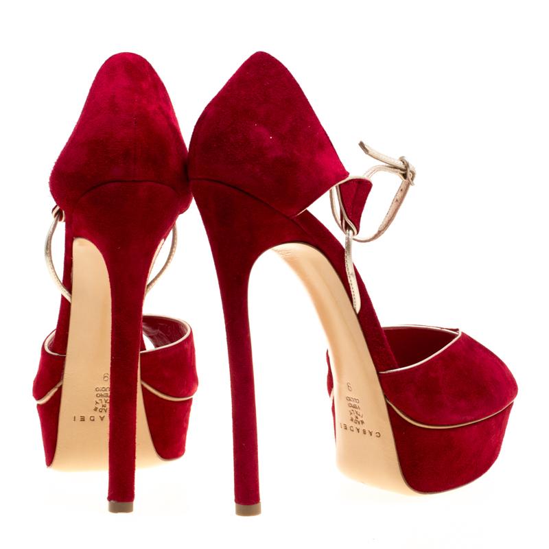 Casadei Red Suede Peep Toe Ankle Strap Platform Sandals Size 39 In Excellent Condition In Dubai, Al Qouz 2