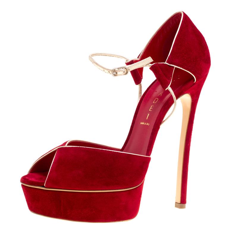 Casadei Red Suede Peep Toe Ankle Strap Platform Sandals Size 39