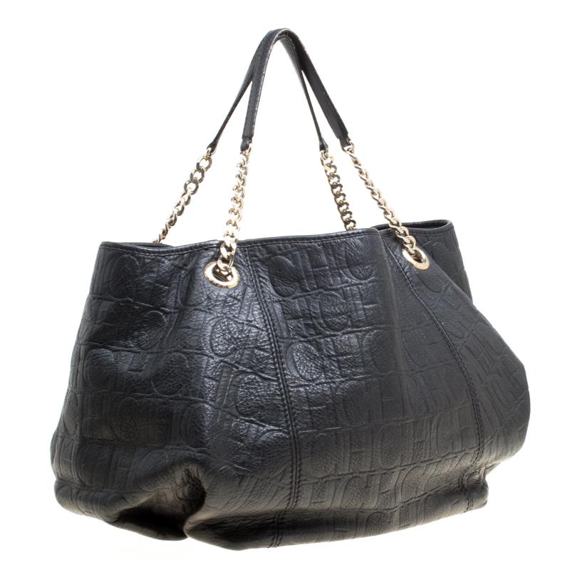 Women's Carolina Herrera Black Monogram Leather Shoulder Bag