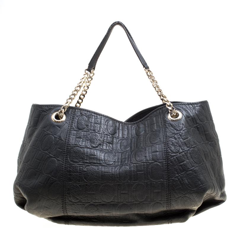 Carolina Herrera Black Monogram Leather Shoulder Bag 1