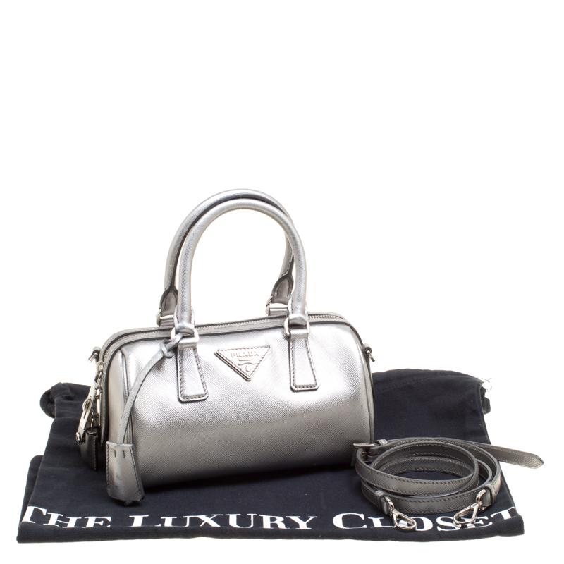 Gray Prada Metallic Grey Saffiano Lux Leather Crossbody Bag