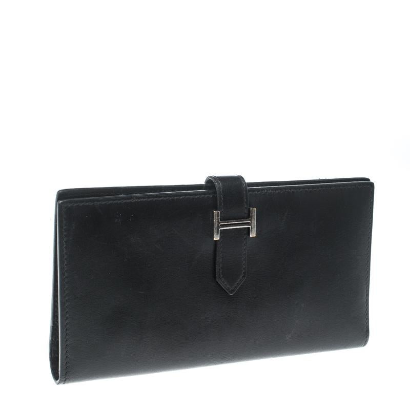 Women's Hermes Black Box Calf Leather Bearn Gusset Wallet
