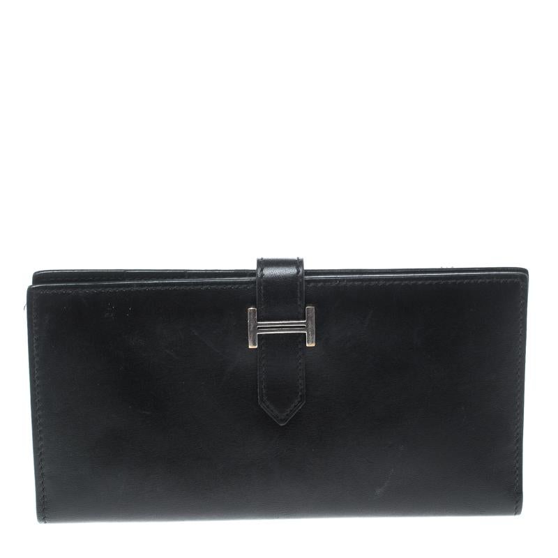 Hermes Black Box Calf Leather Bearn Gusset Wallet