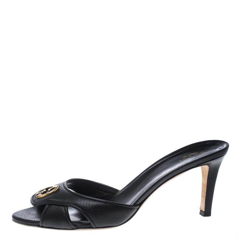 Gucci Black Leather Cellarius GG Logo Slides Sandals Size 38.5 2