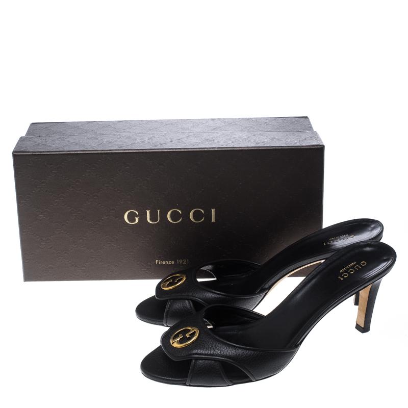 Gucci Black Leather Cellarius GG Logo Slides Sandals Size 38.5 4
