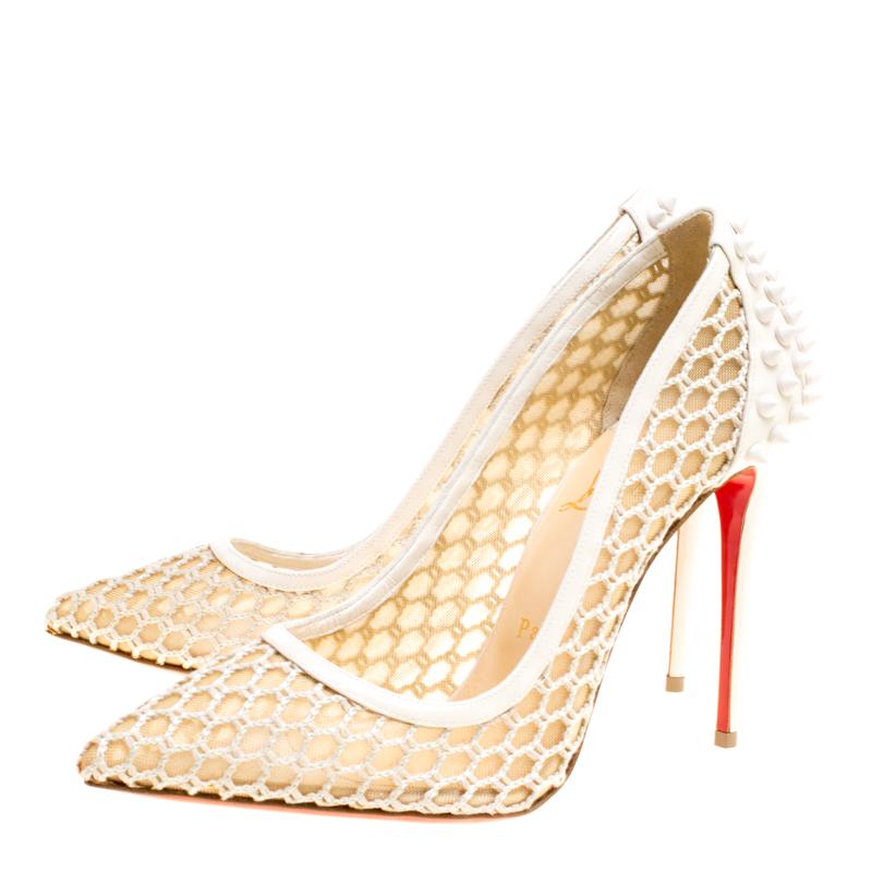 Christian Louboutin Off White Mesh and Spike Embellished Patent Leather Trimmed  1
