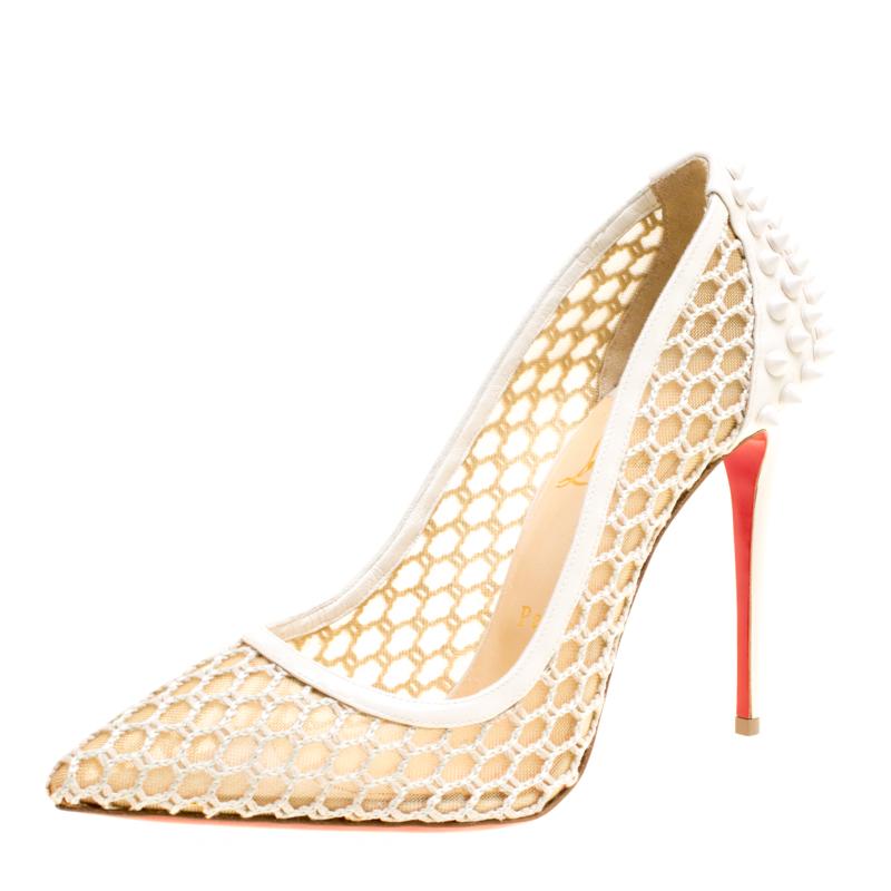 Christian Louboutin Off White Mesh and Spike Embellished Patent Leather Trimmed 