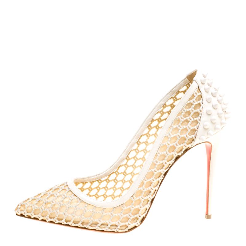 Christian Louboutin Off White Mesh and Spike Embellished Patent Leather Trimmed  2
