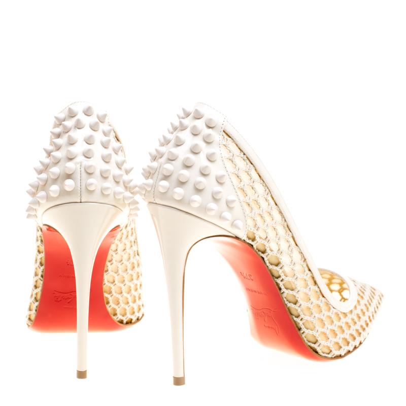 Christian Louboutin Off White Mesh and Spike Embellished Patent Leather Trimmed  In New Condition In Dubai, Al Qouz 2
