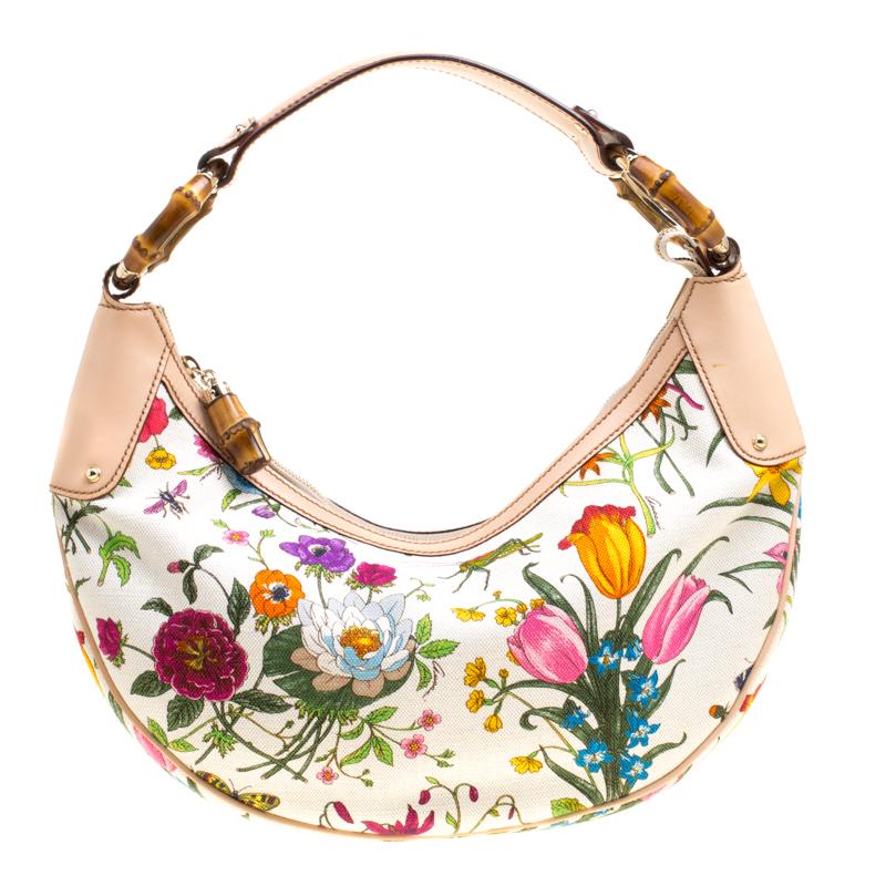 Gucci White Botanical Floral Canvas Bamboo Ring Hobo