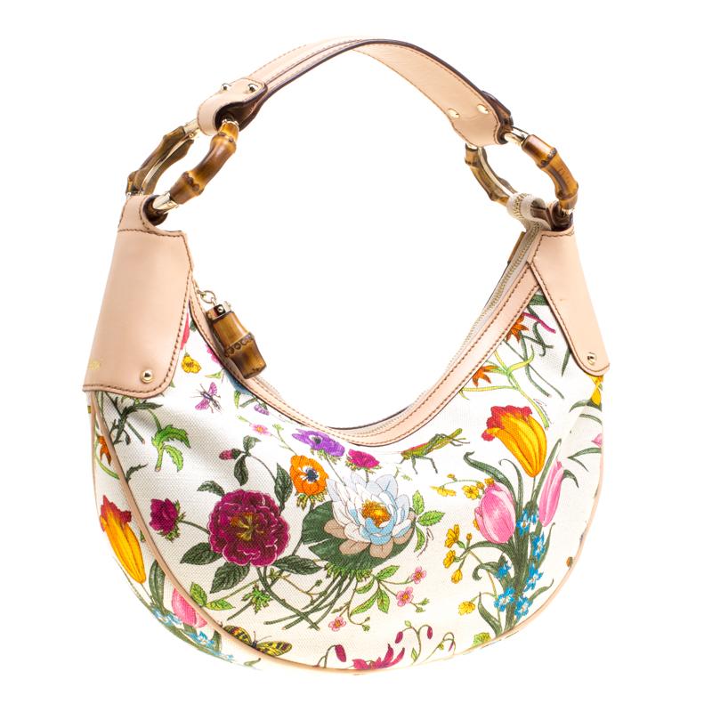 Gucci White Botanical Floral Canvas Bamboo Ring Hobo 3