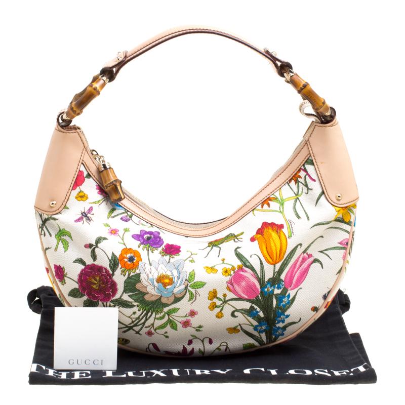 Gucci White Botanical Floral Canvas Bamboo Ring Hobo 2