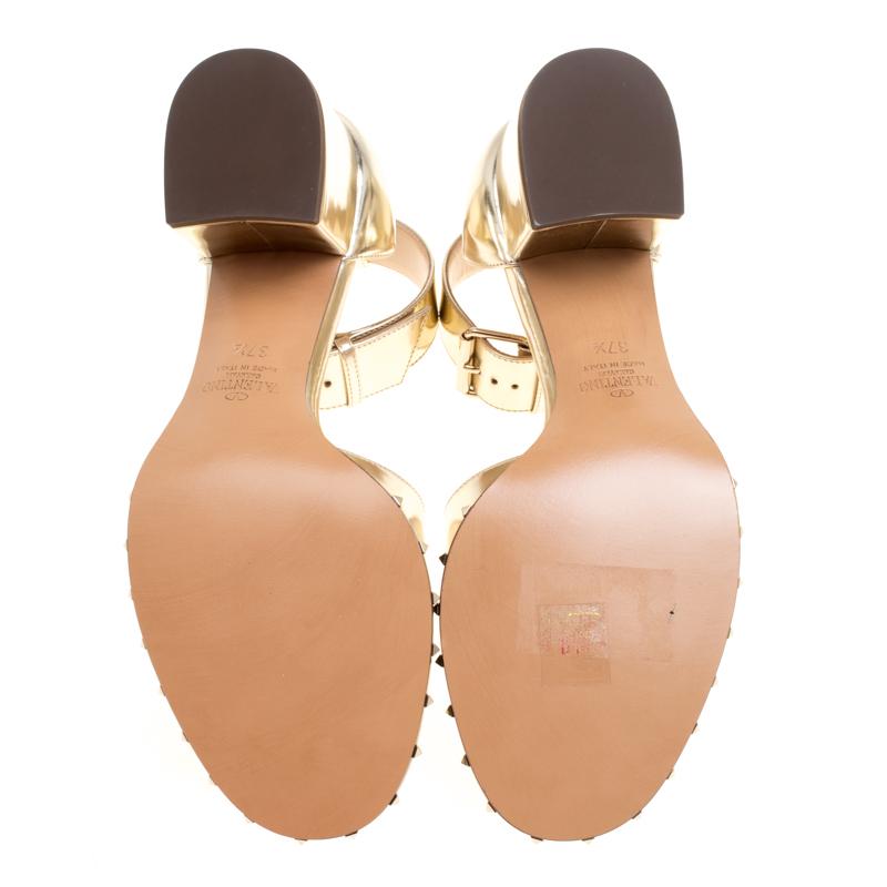 Women's Valentino Gold Leather Soul Rockstud Ankle Strap Block Heel Sandals Size 37.5