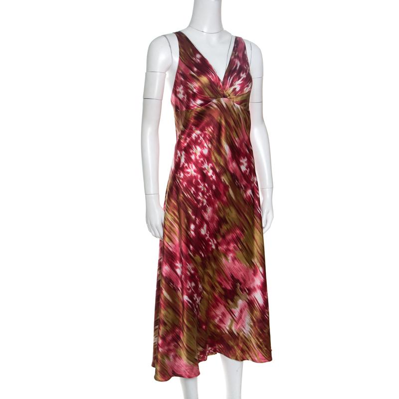 Brown Oscar de la Renta Multicolor Printed Satin Sleeveless A-Line Dress L