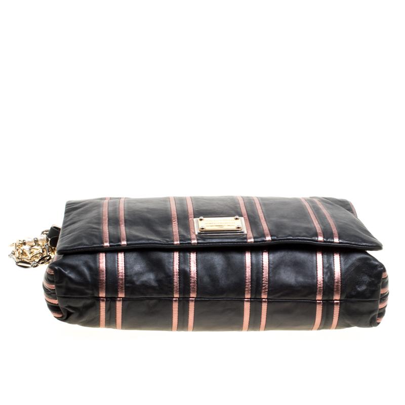 Women's Dolce and Gabbana Black/Pink Leather Stripe Miss Charles Shoulder Bag