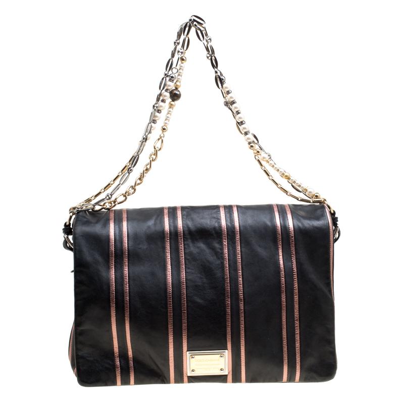 Dolce and Gabbana Black/Pink Leather Stripe Miss Charles Shoulder Bag