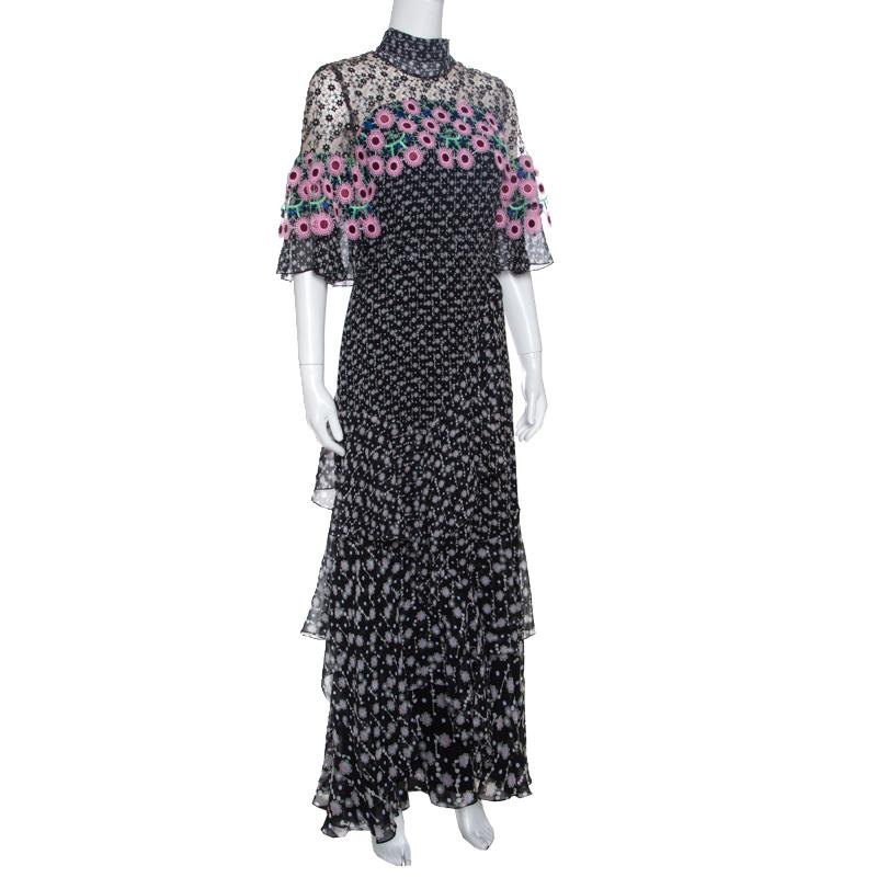 Peter Pilotto Black Floral Print Lace Paneled Ruffled Silk Georgette Dress S In Good Condition In Dubai, Al Qouz 2