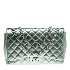 Chanel Metallic Silver Quilted Leather Maxi Classic Double Flap Bag