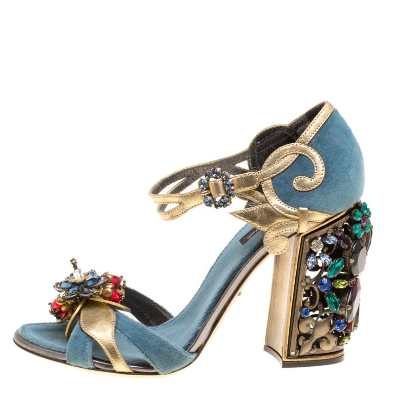 Dolce and Gabbana Blue Velvet and Metallic Gold Leather Crystal ...