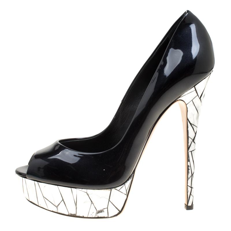 Casadei Black Patent Leather Mosaic Mirror Heel Peep Toe Platform Pumps Size 40 4