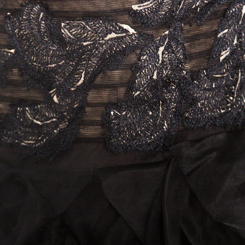 Women's Tadashi Shoji Black Tulle Embroidered Faux Feather Strapless Gown M
