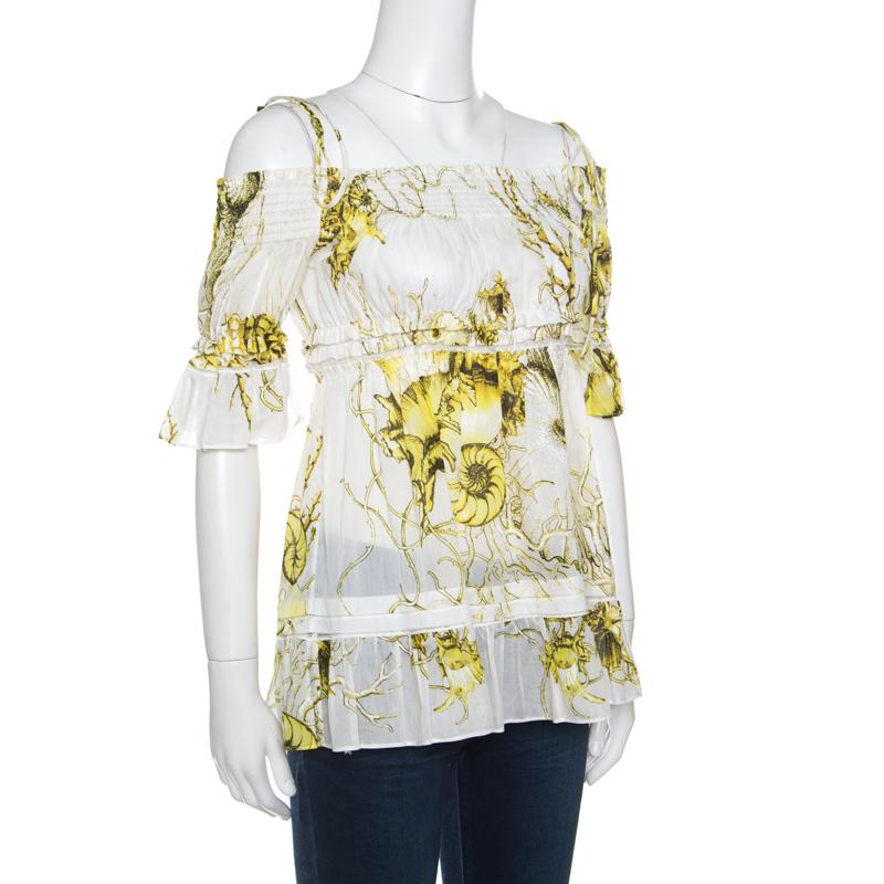 Beige Roberto Cavalli White and Yellow Floral Printed Cotton Off Shoulder Blouse M