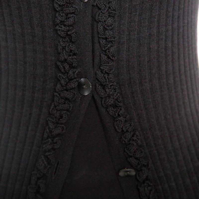 Chanel Black Rib Knit Ruffle Trim Long Cardigan S 1
