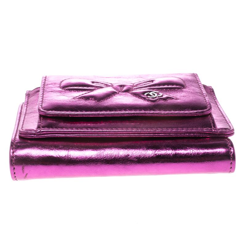 Chanel Metallic Pink Foil Leather Bow Compact Wallet 1