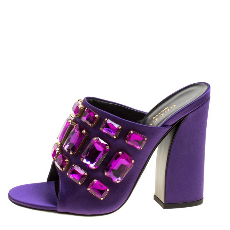 Gucci Purple Satin Tessa Crystal Embellished Peep Toe Slide Mules Size 37 1