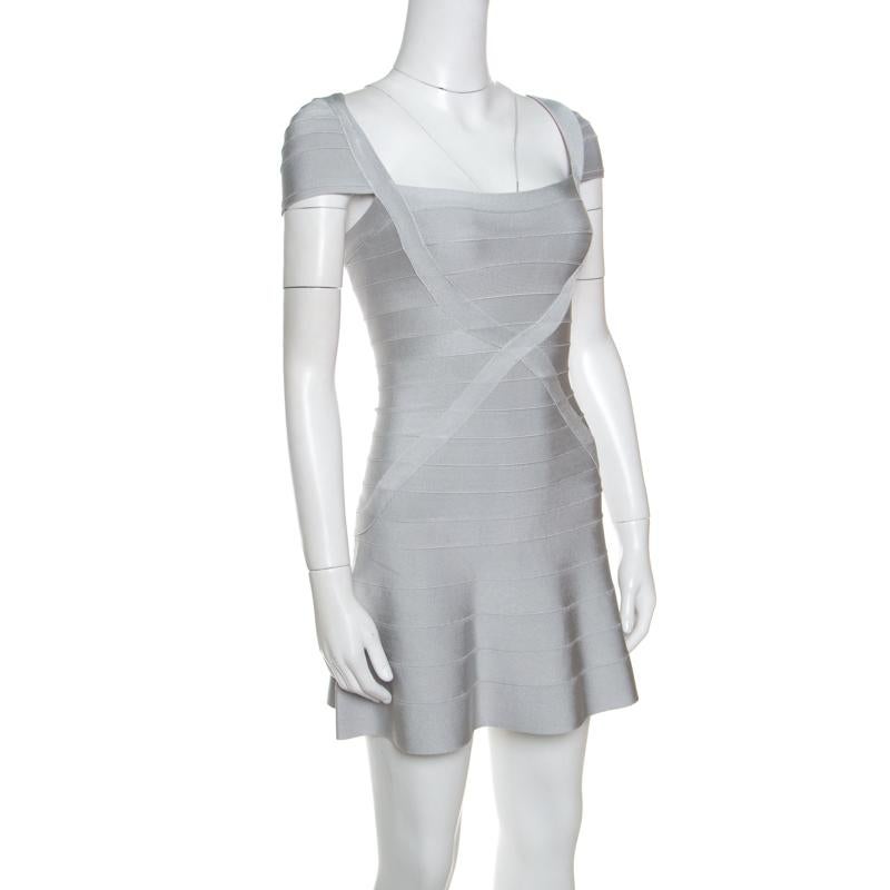 Gray Herve Leger Icy Grey Cap Sleeve Makayla Bandage Skater Dress XXS