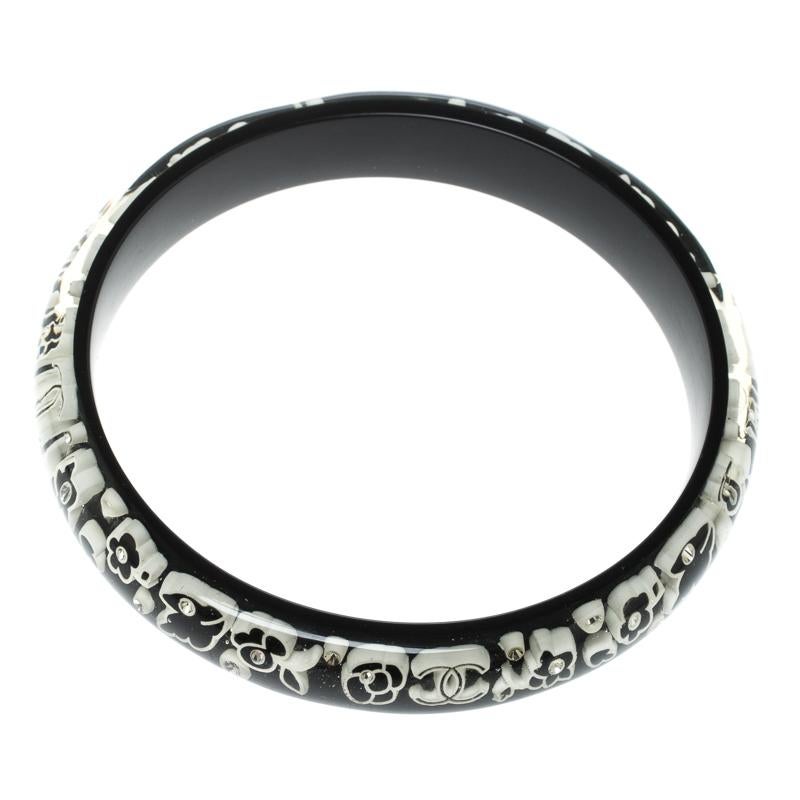 Chanel CC Black Crystal Embellished Resin Floral Bangle Bracelet 1
