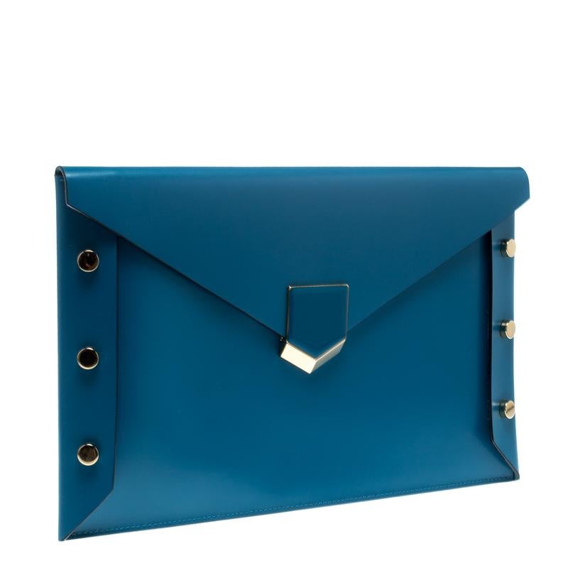 Jimmy Choo Blue Leather Lockett Envelope Clutch In Excellent Condition In Dubai, Al Qouz 2
