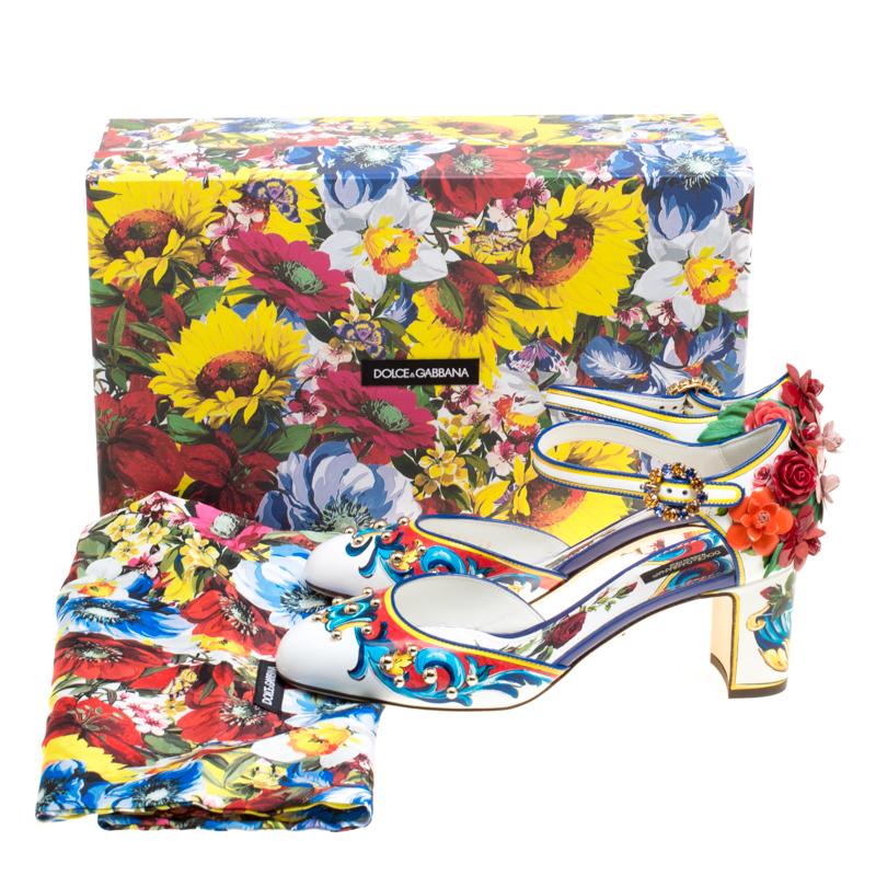 Dolce and Gabbana Multicolor Printed Leather Floral Embellished D'orsay Mary Jan 2