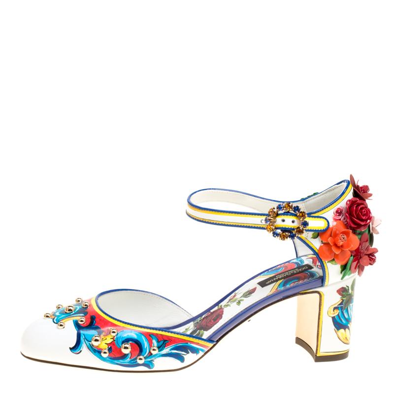 Dolce and Gabbana Multicolor Printed Leather Floral Embellished D'orsay Mary Jan