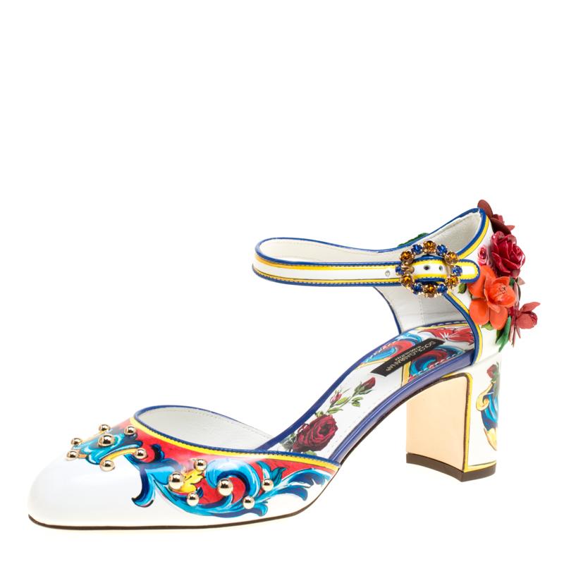 Dolce and Gabbana Multicolor Printed Leather Floral Embellished D'orsay Mary Jan 3