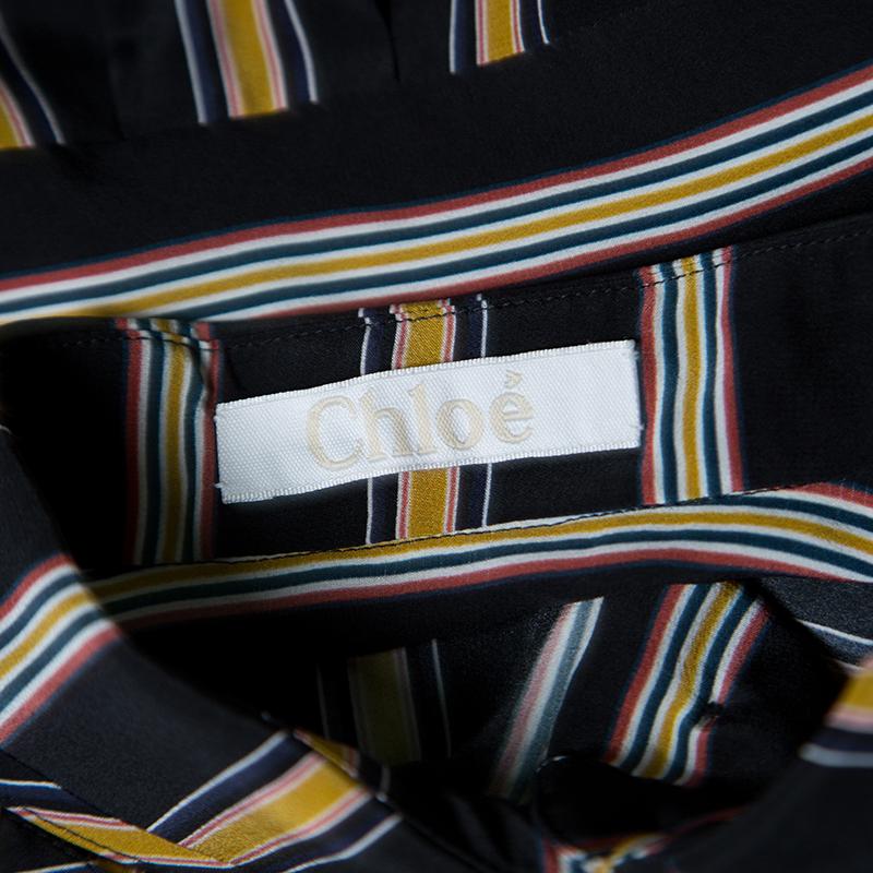 Chloe Black Broken Stripe Print Pintucked Long Sleeve Shirt M 1