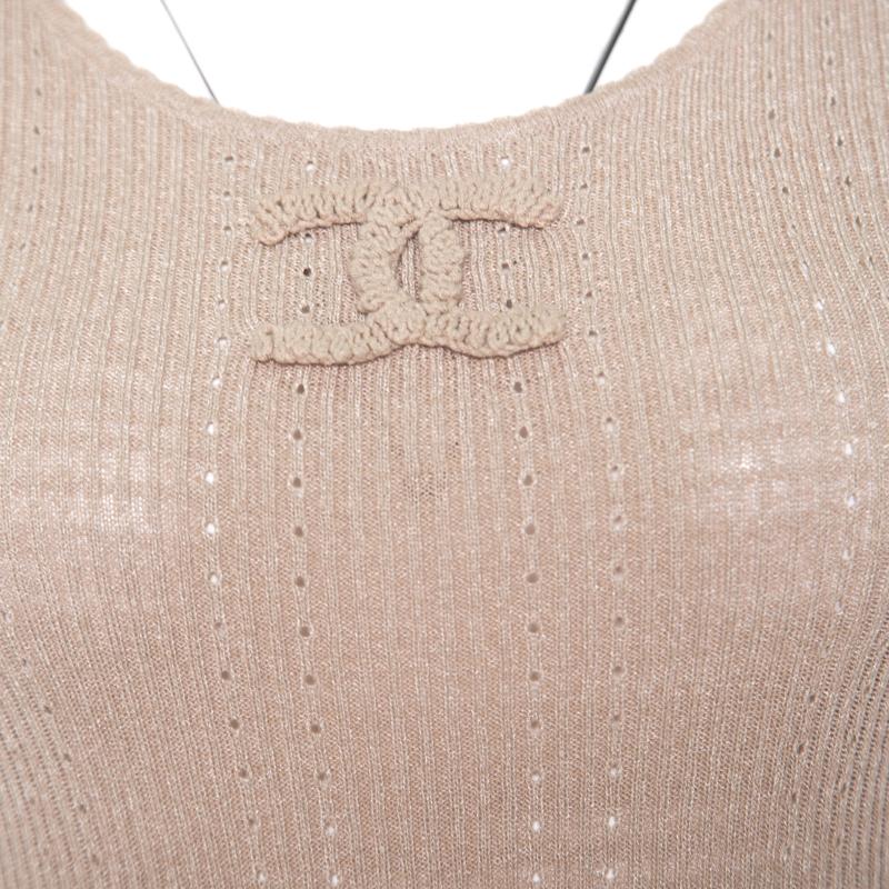 Chanel Beige Perforated Rib Knit Logo Applique Detail Fitted Top S 2
