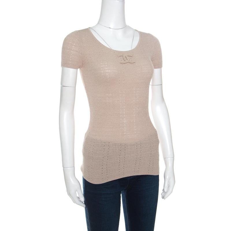 Chanel Beige Perforated Rib Knit Logo Applique Detail Fitted Top S In New Condition In Dubai, Al Qouz 2