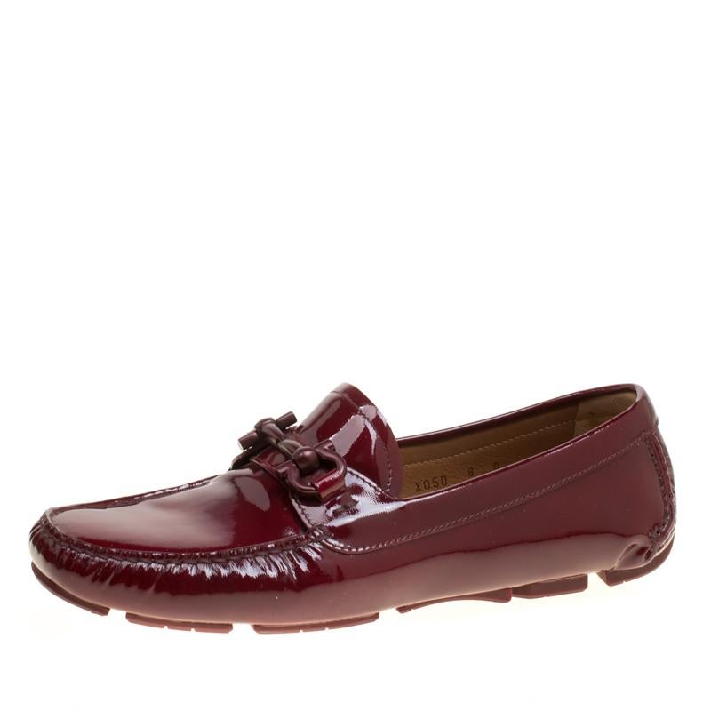 Salvatore Ferragamo Cherry Red Patent Leather Mason Gancio Bit Loafers Size 38.5