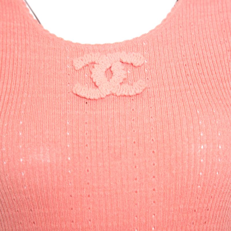 Chanel Peach Perforated Rib Knit Logo Applique Detail Sleeveless Tank Top M 1