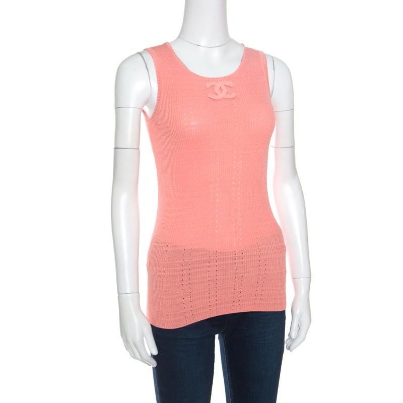 Pink Chanel Peach Perforated Rib Knit Logo Applique Detail Sleeveless Tank Top M